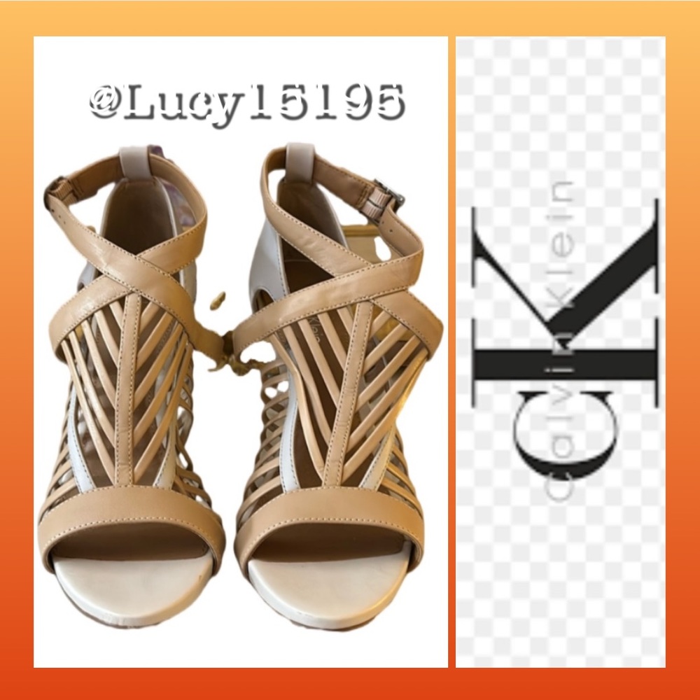 ❤️Calvin Klein Marissa Two Tone Cage Criss Cross Stiletto Peep Toe Heels